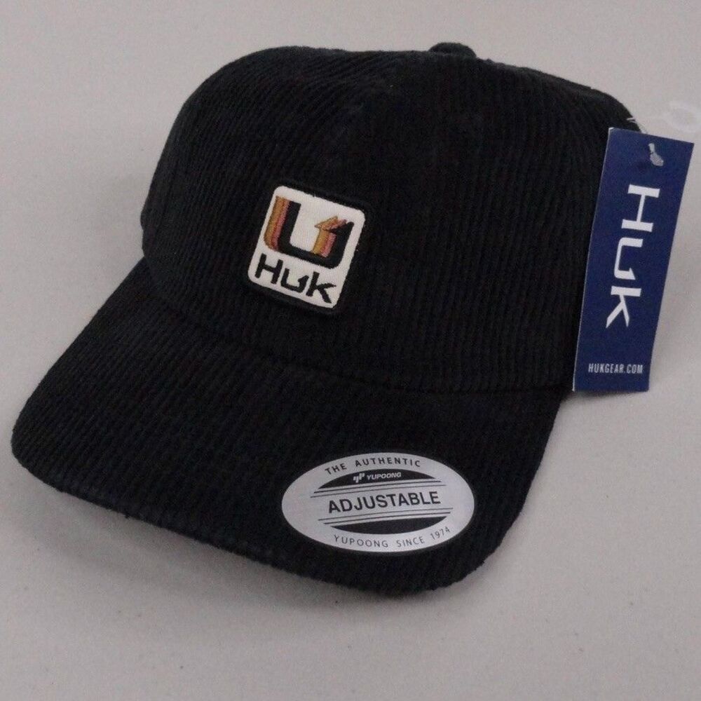 HUK Hat Cap Black Full Cord Corduroy Adjustable Strap Fishing Dad Patch Logo NWT